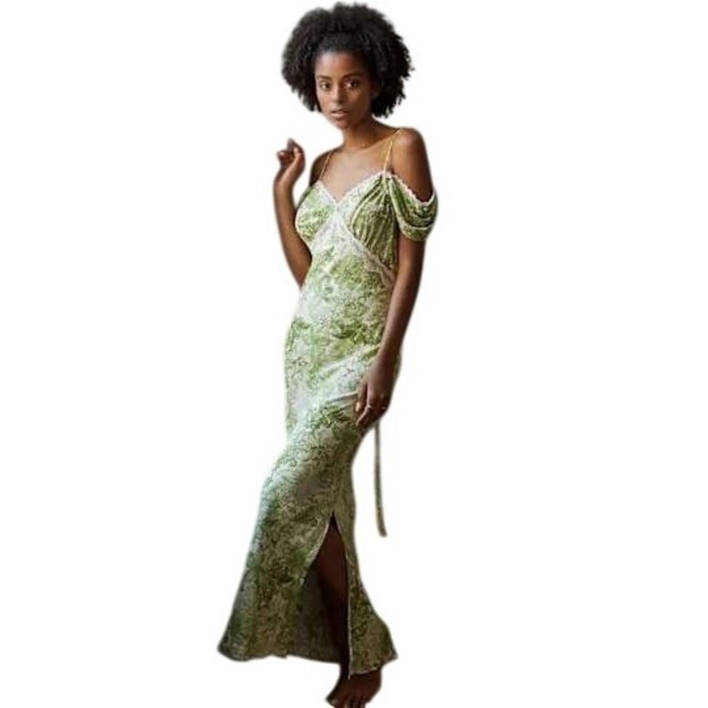 Anthropologie Garden Floral Lace Trim Shoulder Maxi Dress Size M